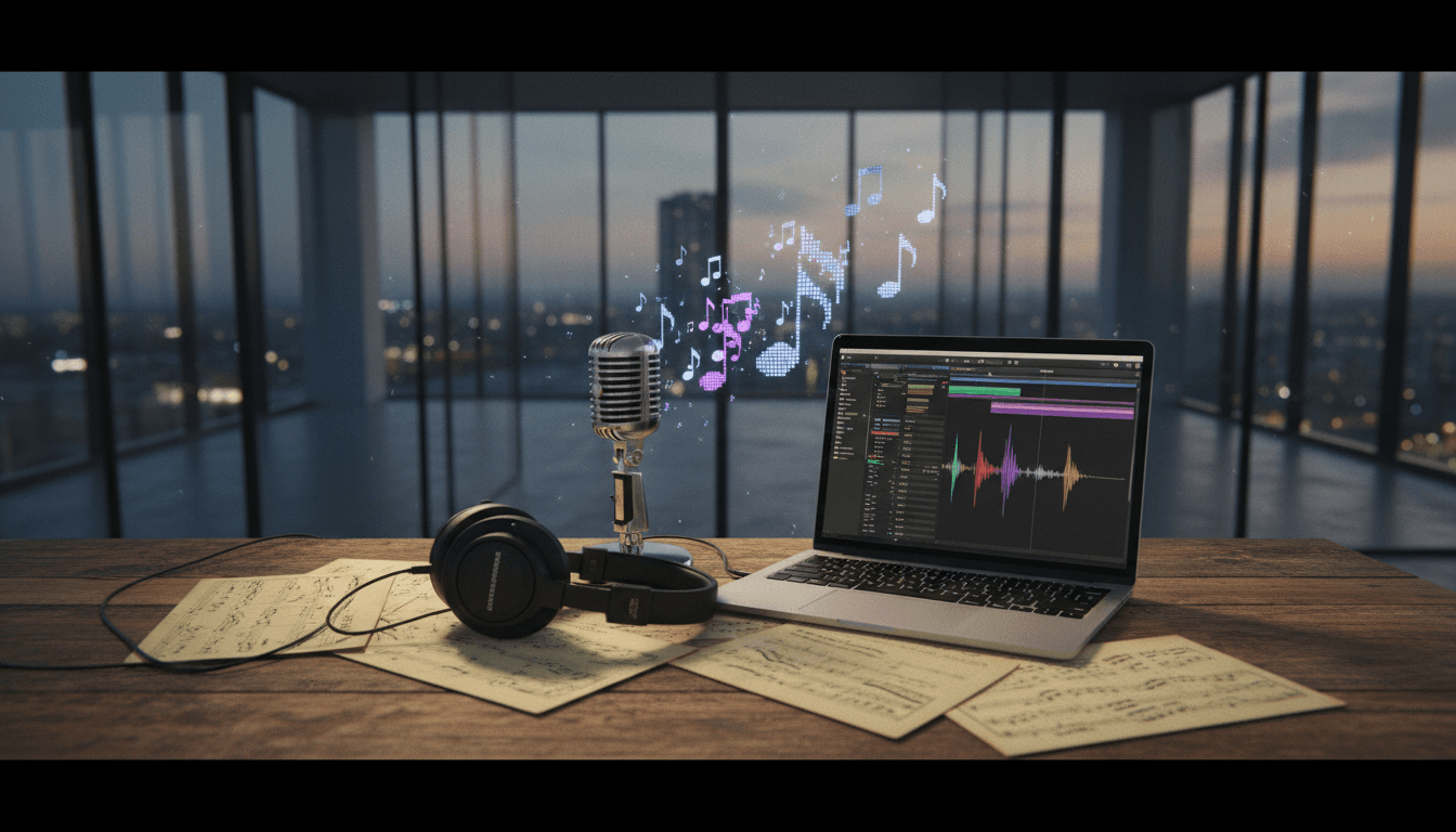 A collection of items representing shocking AI music fakes, including a microphone, headphones, a laptop displaying a waveform, and scattered sheet music.