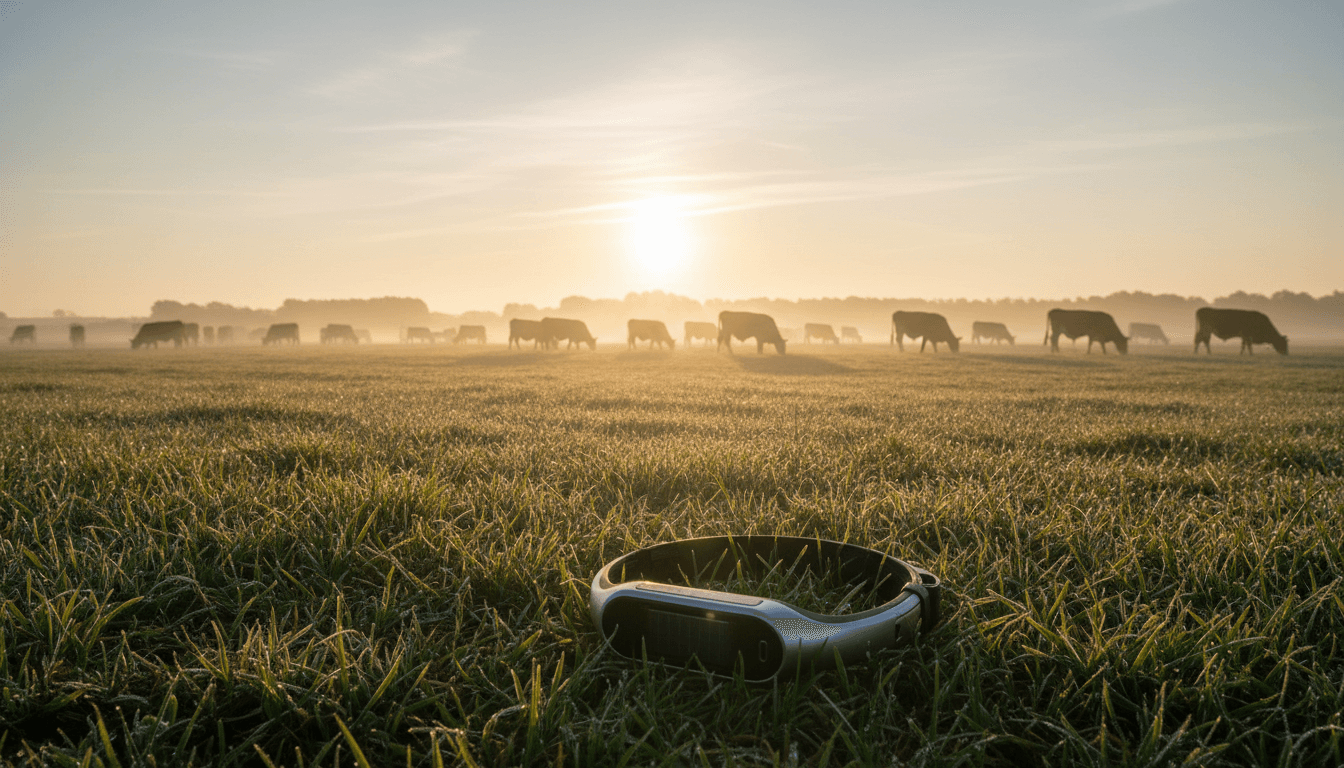 Halter CEO Craig Piggott stands in a lush green pasture, surrounded by cattle wearing Peter Thiel's solar cow collars, with rolling hills in the background.