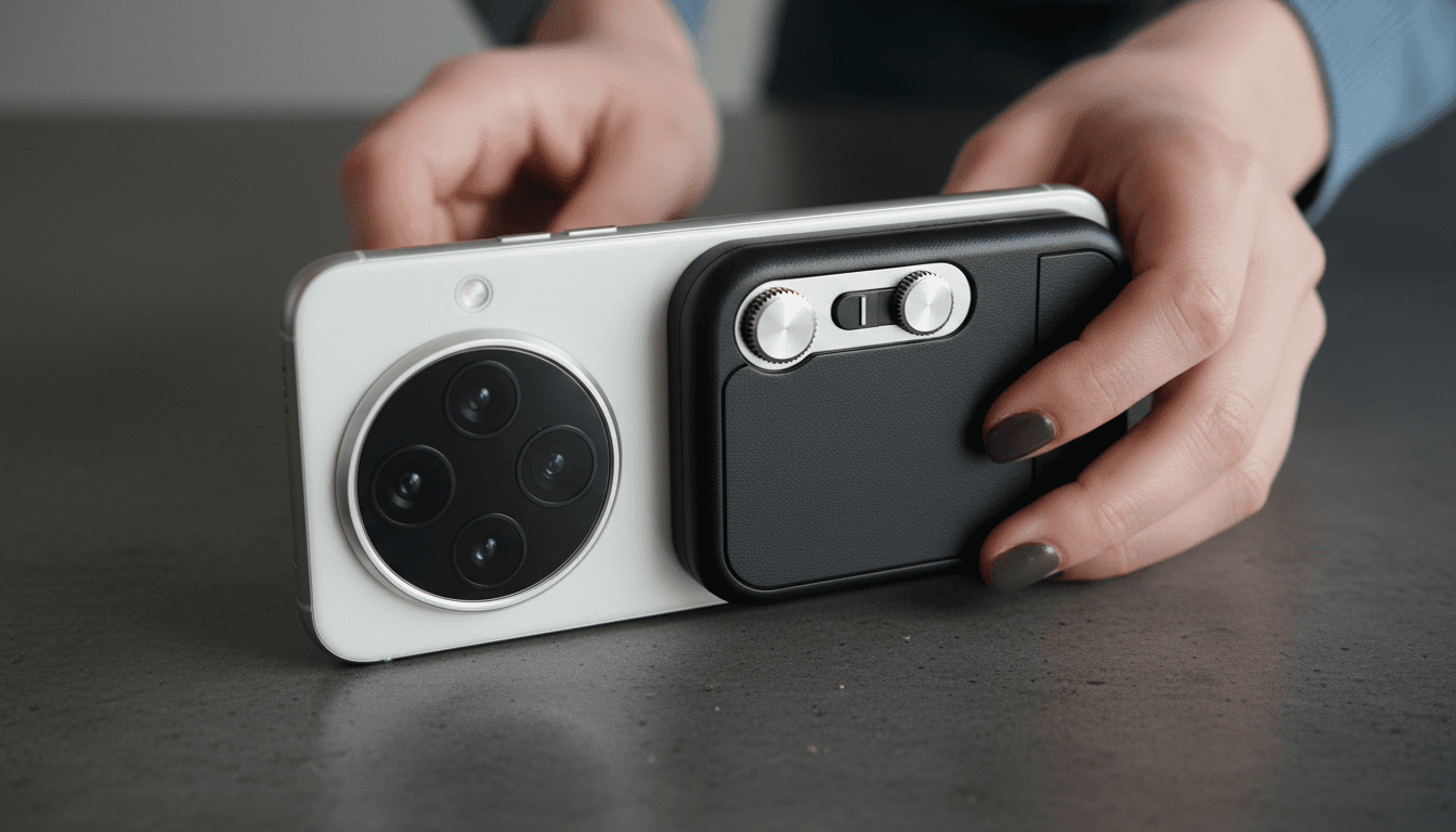 A close-up of the large camera housing and the attached Xiaomi 17 Ultra camera add-ons, showcasing the external hardware buttons.