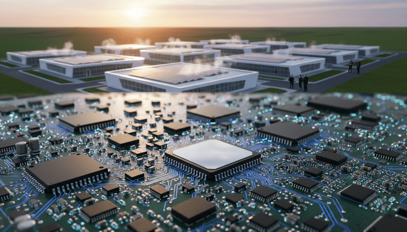 Aerial view of a sprawling, energy-efficient Firmus AI datacenter complex with solar panels, representing the Firmus AI datacenter valuation.
