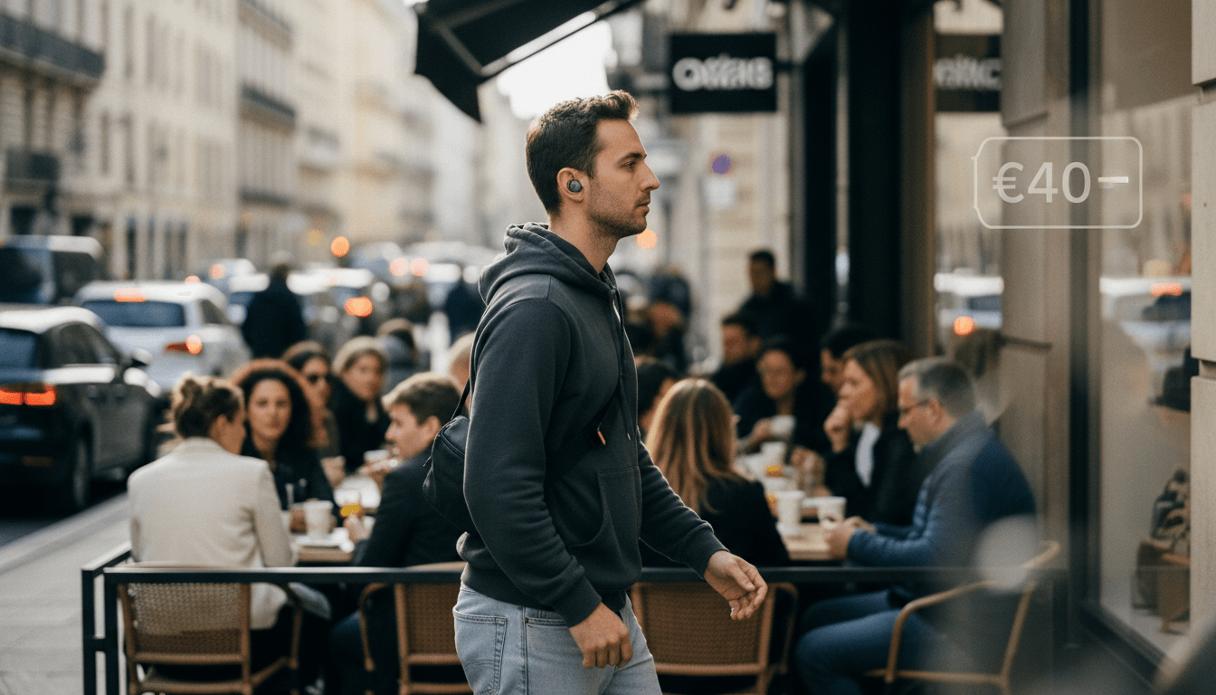 A person walking down a busy city street, wearing the Nothing CMF Buds 2A in one ear, with a subtle glow around the earbud indicating active noise cancellation. The street is bustling with people and traffic, yet the person appears serene.