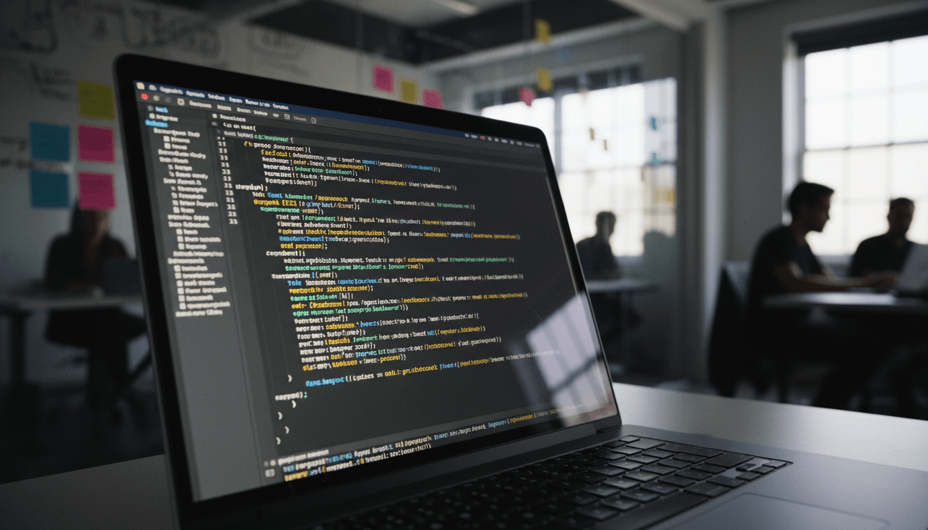A close-up of a macOS Script Editor window displaying obfuscated AppleScript code, with a subtle glow from the screen reflecting on a dark, brushed aluminum laptop surface, signifying the macOS stealer campaign.