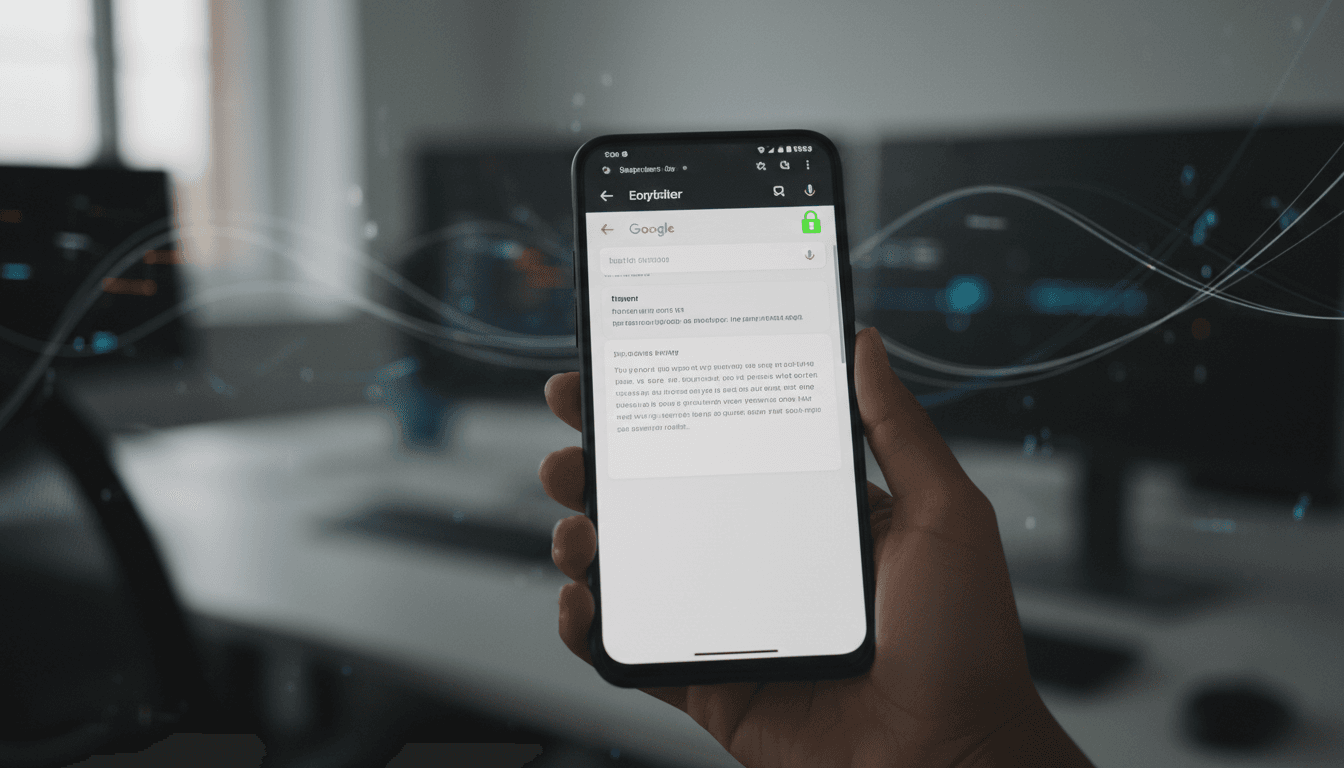A close-up of a smartphone screen displaying the Gmail app with a prominent lock icon indicating active Gmail end-to-end encryption on mobile devices.