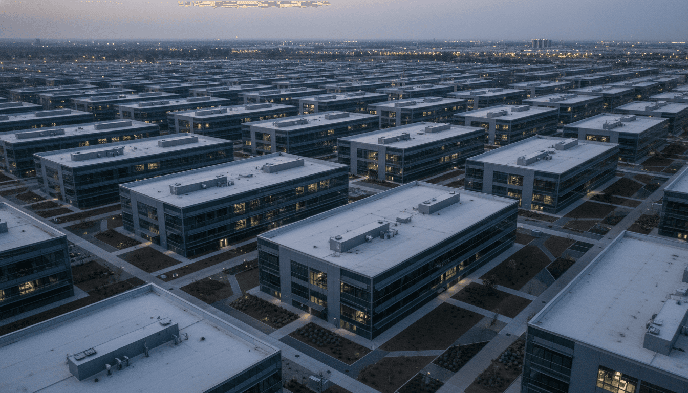 An aerial view of a Google data center, with a subtle overlay depicting the Google News logo and a small, almost imperceptible icon of a prediction market graph, symbolizing the Google News Polymarket error.