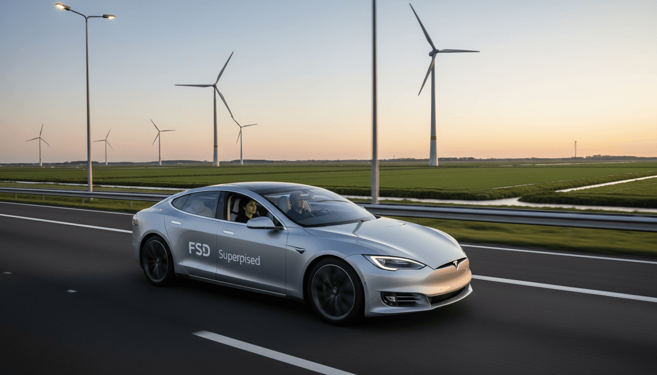 A Tesla vehicle with 'FSD Supervised' branding driving on a modern Dutch highway, symbolizing the Netherlands approves Tesla FSD Supervised.