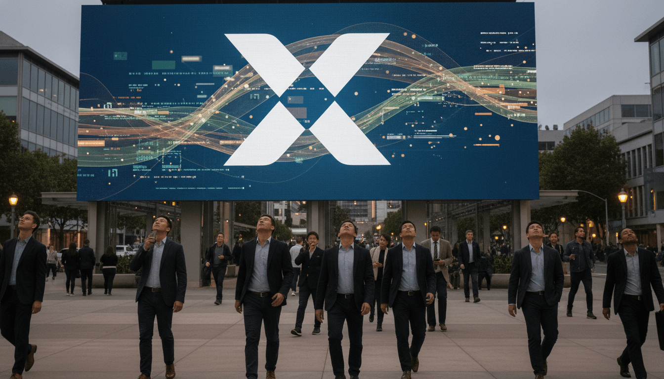 A stylized X logo on a screen displaying a graph of X payment reductions, with digital content flowing in the background.