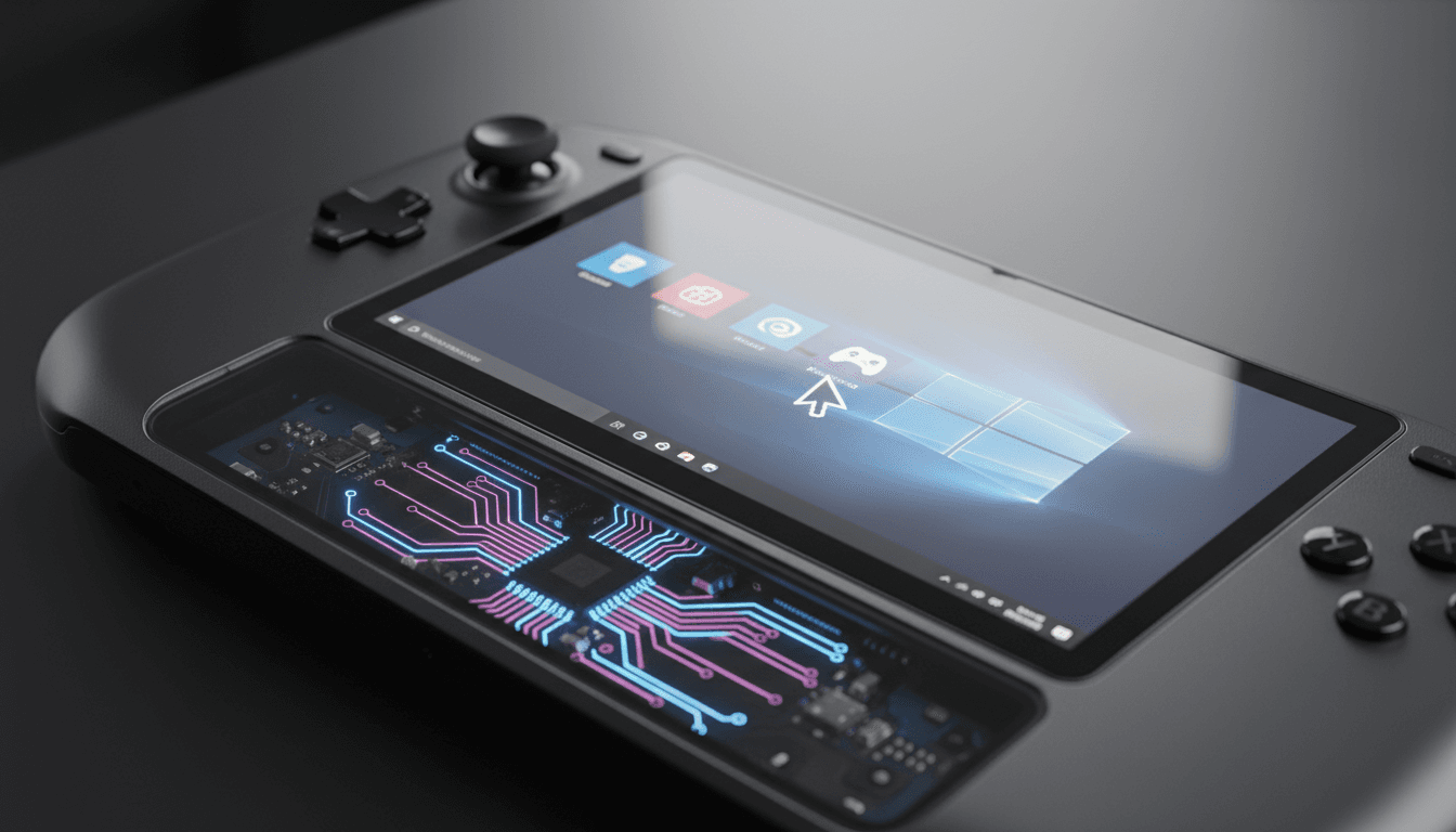 A close-up shot of a modern handheld gaming PC, like the Xbox Ally X, displaying the new Xbox Gamepad Cursor on its screen, with the left joystick highlighted.