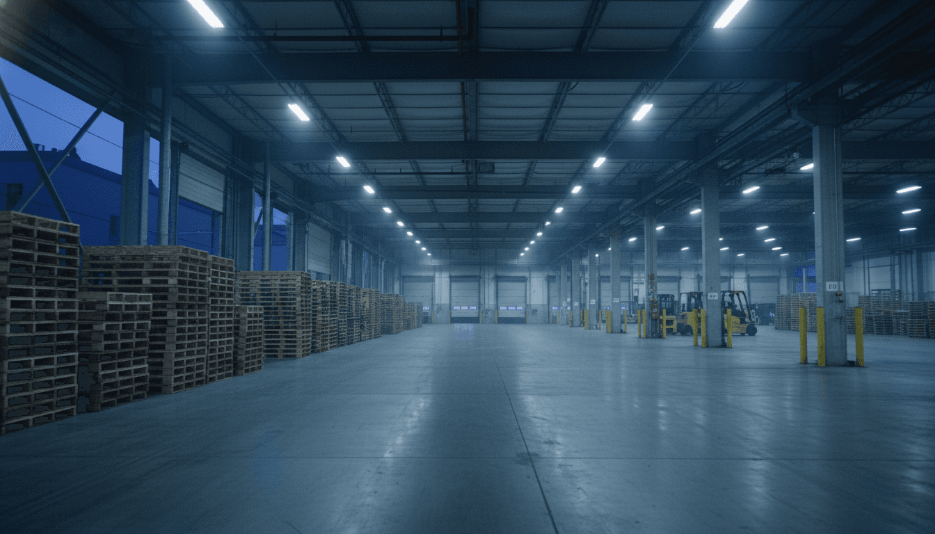 An empty, industrial loading dock at an Amazon warehouse, conveying the solemn atmosphere after an Amazon warehouse death.