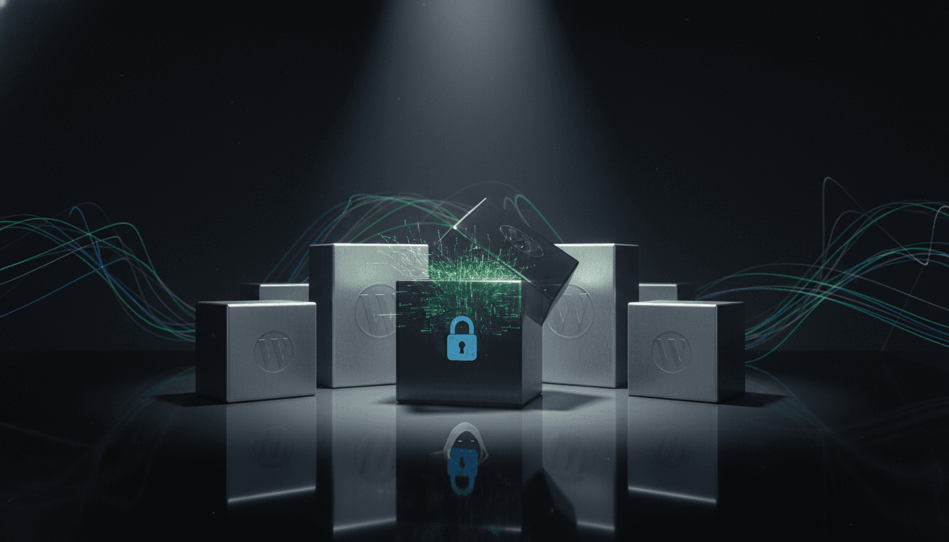 A collection of physical WordPress plugin boxes with 'WordPress plugin backdoor threats' labels, some with digital lock icons, on a dark, reflective surface.