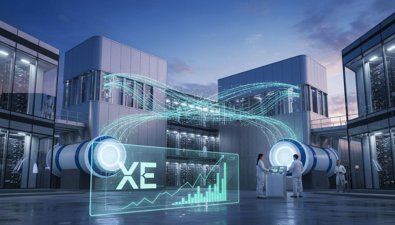 A futuristic render of X-energy's Xe-100 small modular reactor (SMR) facility, with the X-energy IPO ticker symbol 'XE' subtly integrated into the design.