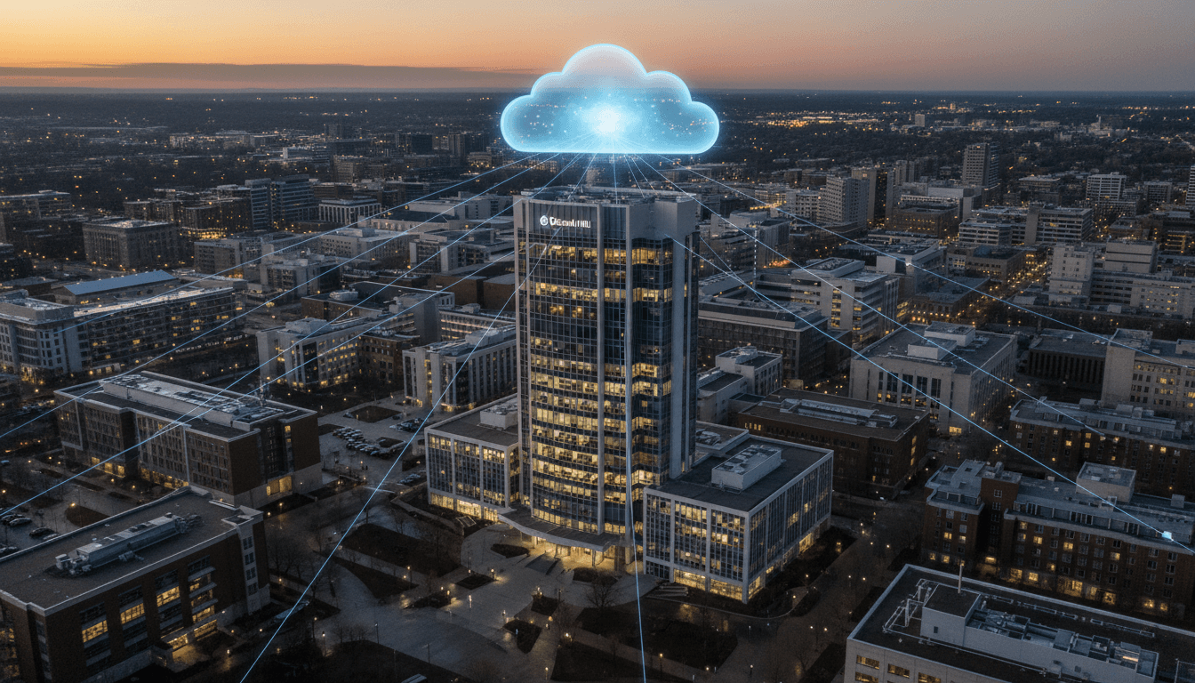 An aerial view of the McGraw Hill data breach impact, showing digital data streams flowing from a cloud server towards a global map.