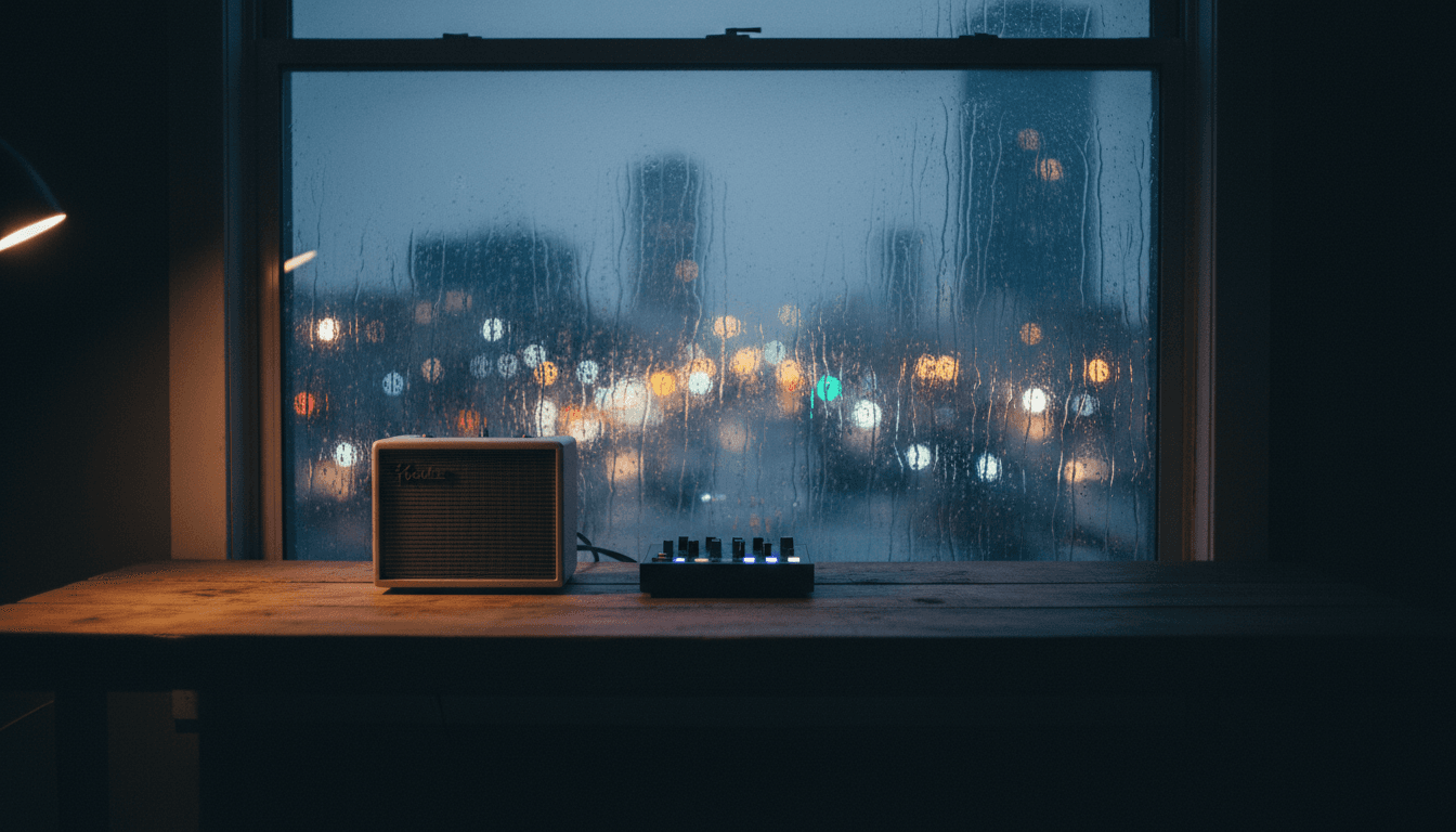 A sleek, minimalist instrument amplifier, possibly the Teenage Engineering KO-Amp 35, sits on a wooden desk next to a compact synthesizer, bathed in warm, diffused light.