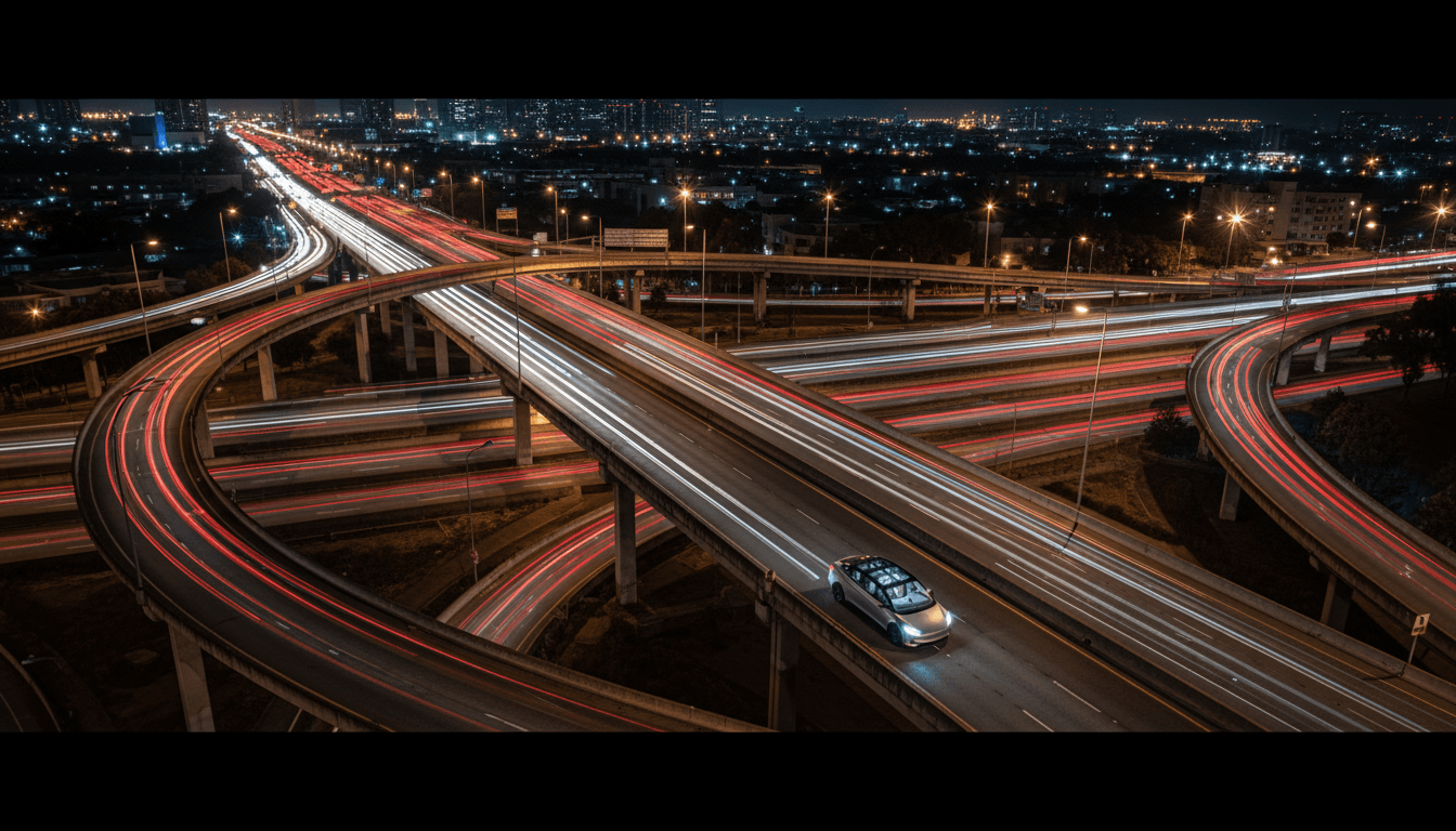 A fleet of futuristic, sleek Tesla Robotaxi service vehicles lined up against a vibrant city skyline at dusk, headlights glowing.