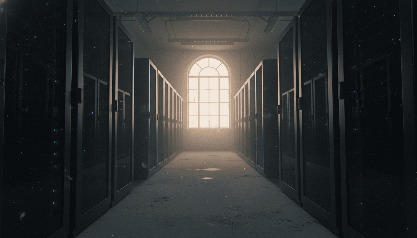 An empty, darkened server room with a single, faint blue glow emanating from a server rack, symbolizing the critical RAM shortage.