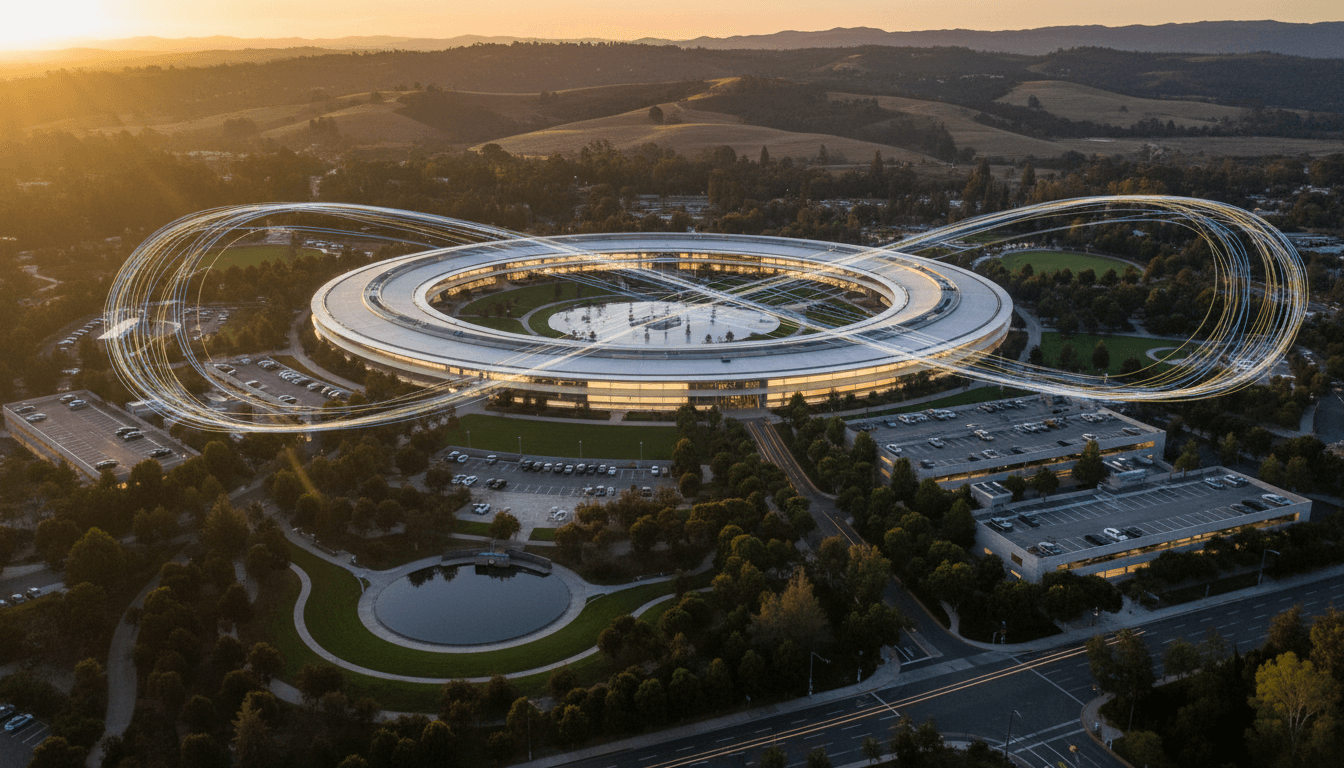 An aerial view of Apple Park in Cupertino, California, with the main circular building and surrounding green space, symbolizing John Ternus becomes Apple's next CEO.
