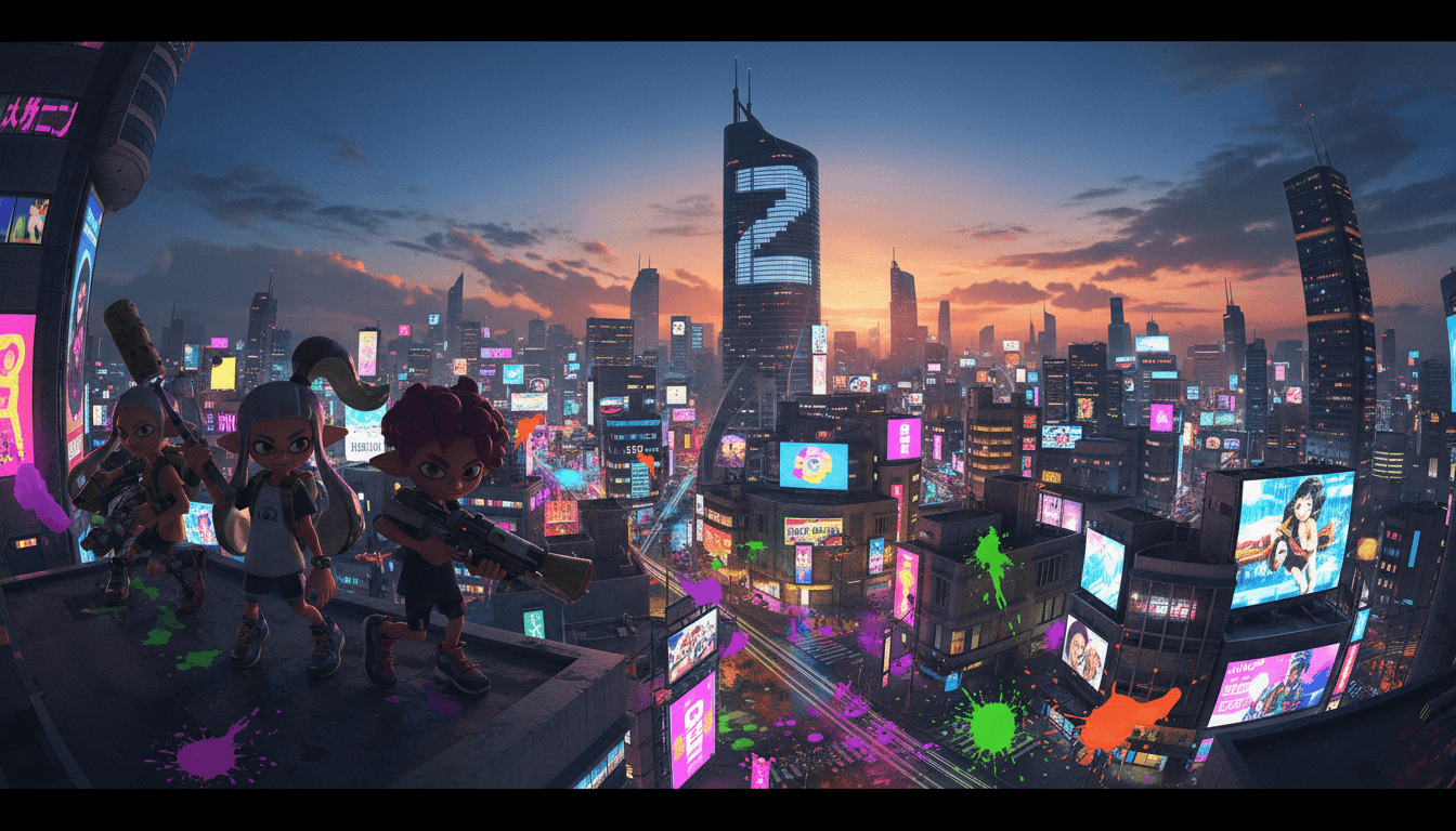 A vibrant, neon-lit cityscape of Inkopolis at dusk, with stylized squid-kids silhouetted against a futuristic skyline as Splatoon Raiders hits the Switch 2.