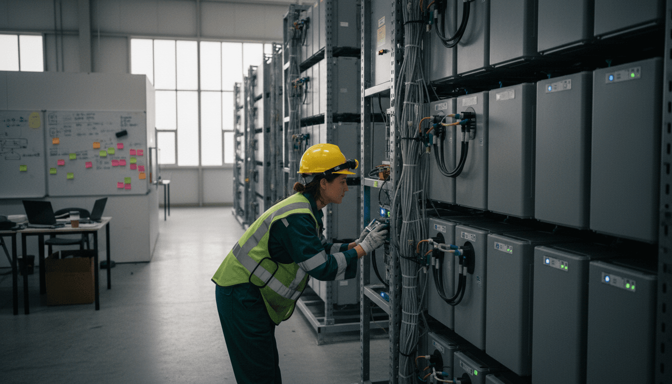 Technician inspecting large-scale battery modules at a Redwood Materials energy storage facility, highlighting the company's shift in focus.