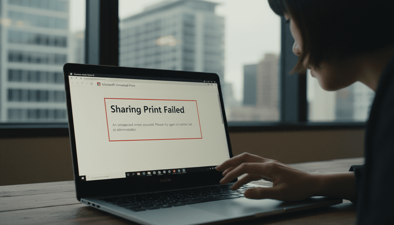 A close-up of a laptop screen displaying a 'Sharing Print Failed' error message within the Microsoft Universal Print portal, with a printer icon visible.