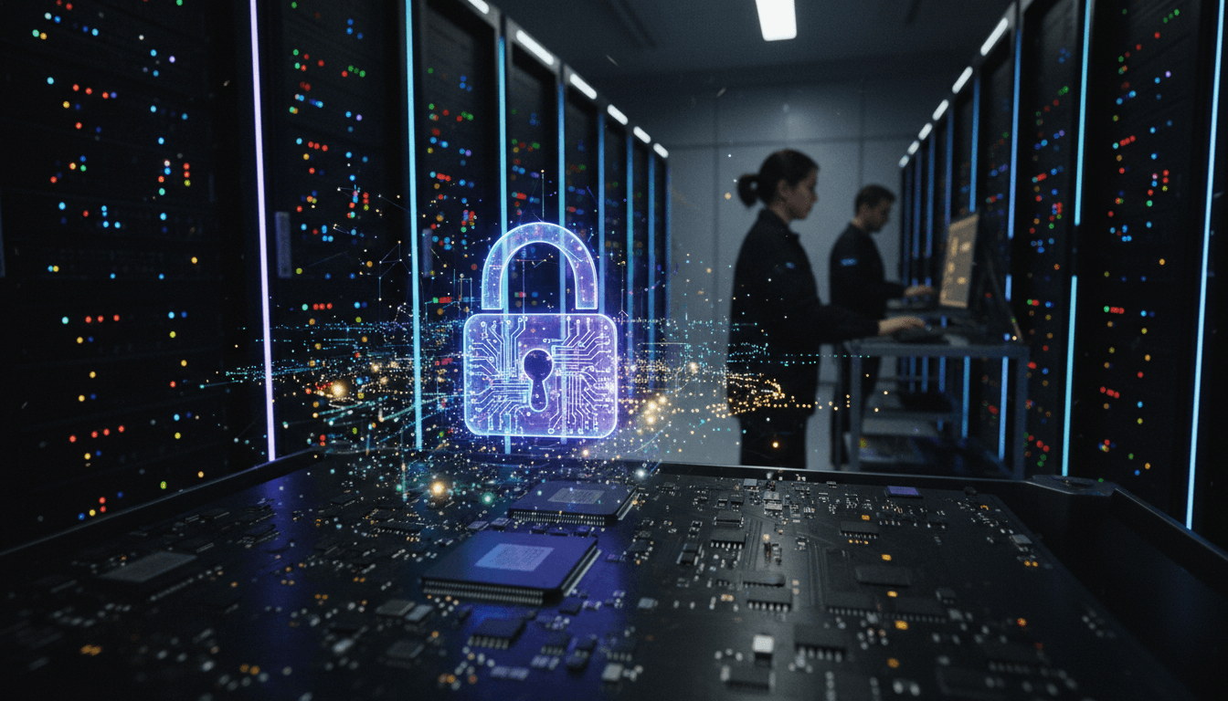 Digital representation of data flowing into a server rack, with a glowing, intricate lock icon overlayed, symbolizing how Kyber ransomware targets Windows systems.