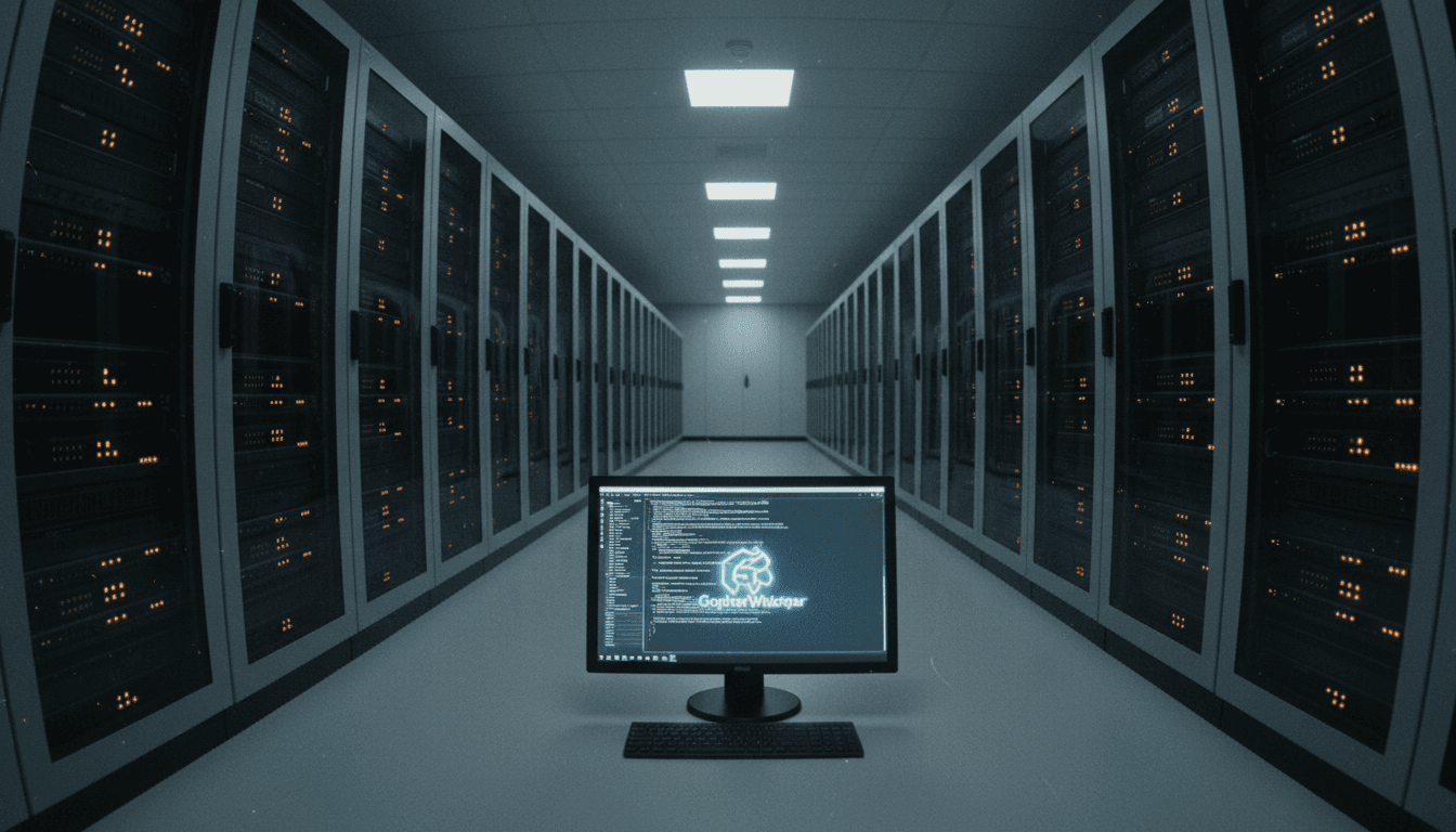 A dimly lit server room with a single glowing monitor displaying a stylized GopherWhisper logo amidst code, symbolizing the cyberattack on Mongolian systems.