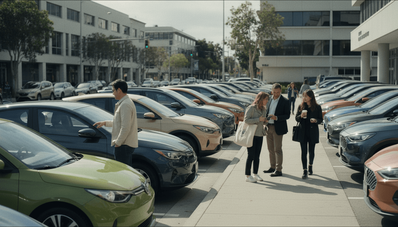 A row of various models of used electric vehicles parked in a dealership lot, showcasing the diverse influx of used EVs available for purchase.