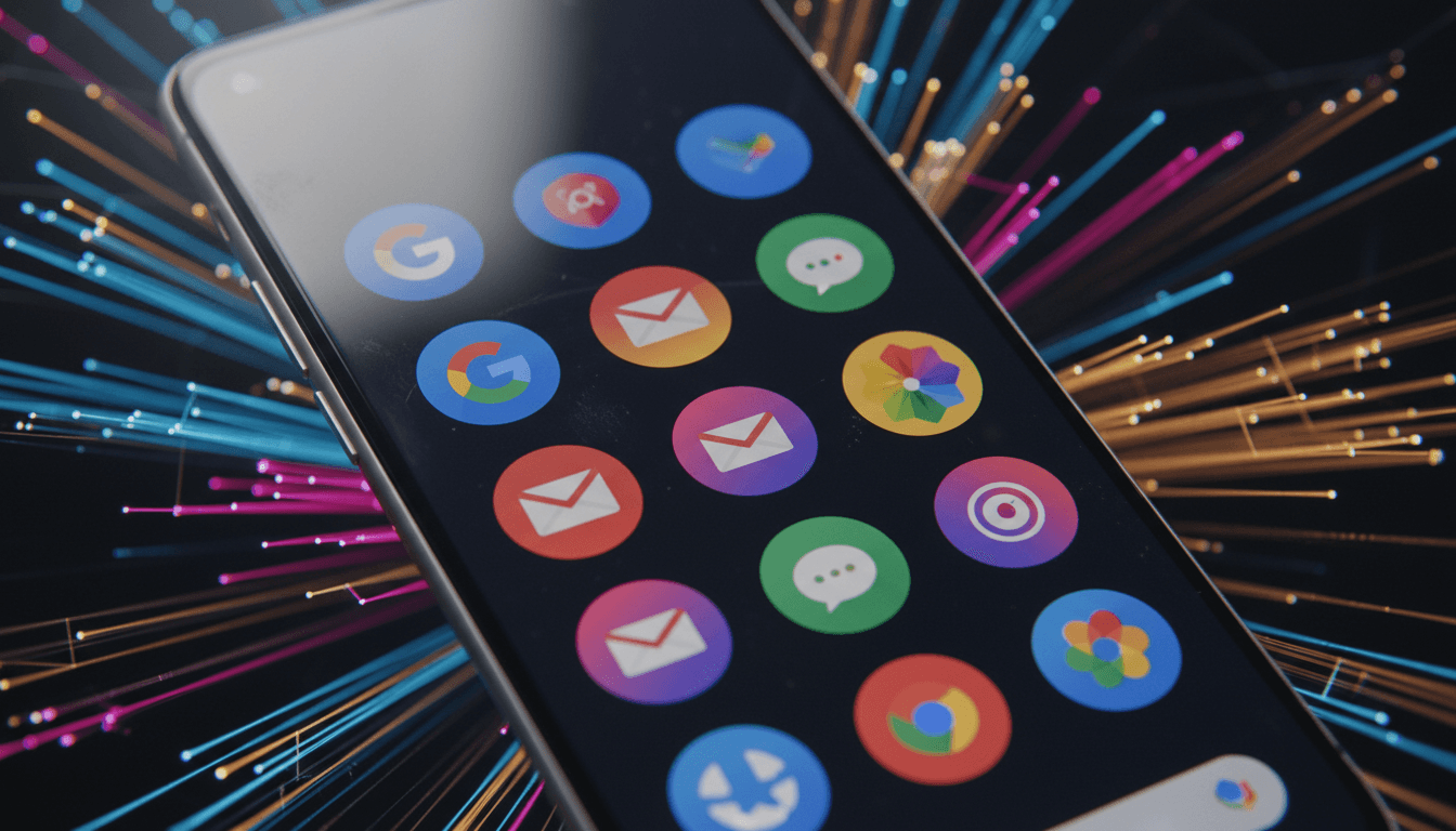 A cluster of redesigned Google apps embrace gradient icon design, showcasing the new visual aesthetic on a smartphone screen.
