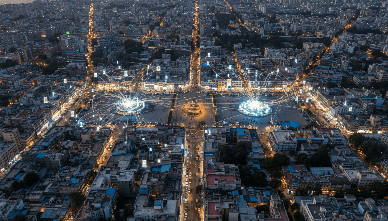 Aerial view of a bustling Indian city with digital payment transaction lines connecting various businesses and consumers, symbolizing Amazon, Meta challenge Google Pay, PhonePe dominance.