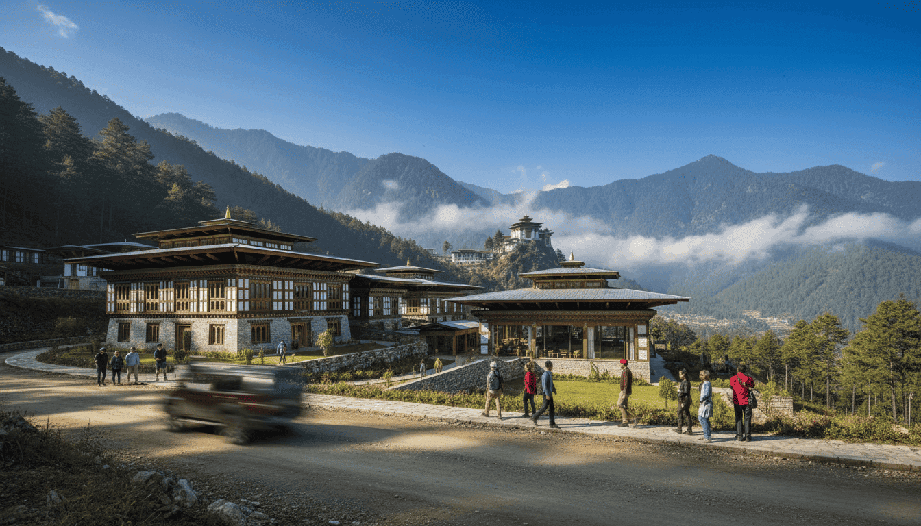A luxurious TUI Blue hotel nestled in the mountainous landscape of Paro Taktsang, Bhutan, signifying the Bhutan TUI Blue Hotel opening.