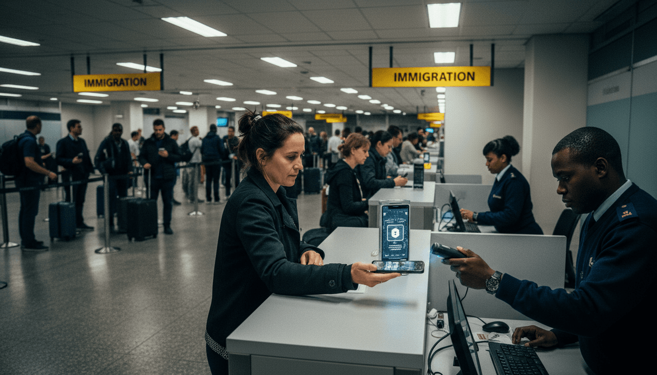 A traveler holding a smartphone displaying a digital ID at a South Africa border control checkpoint, with an immigration officer scanning the device.