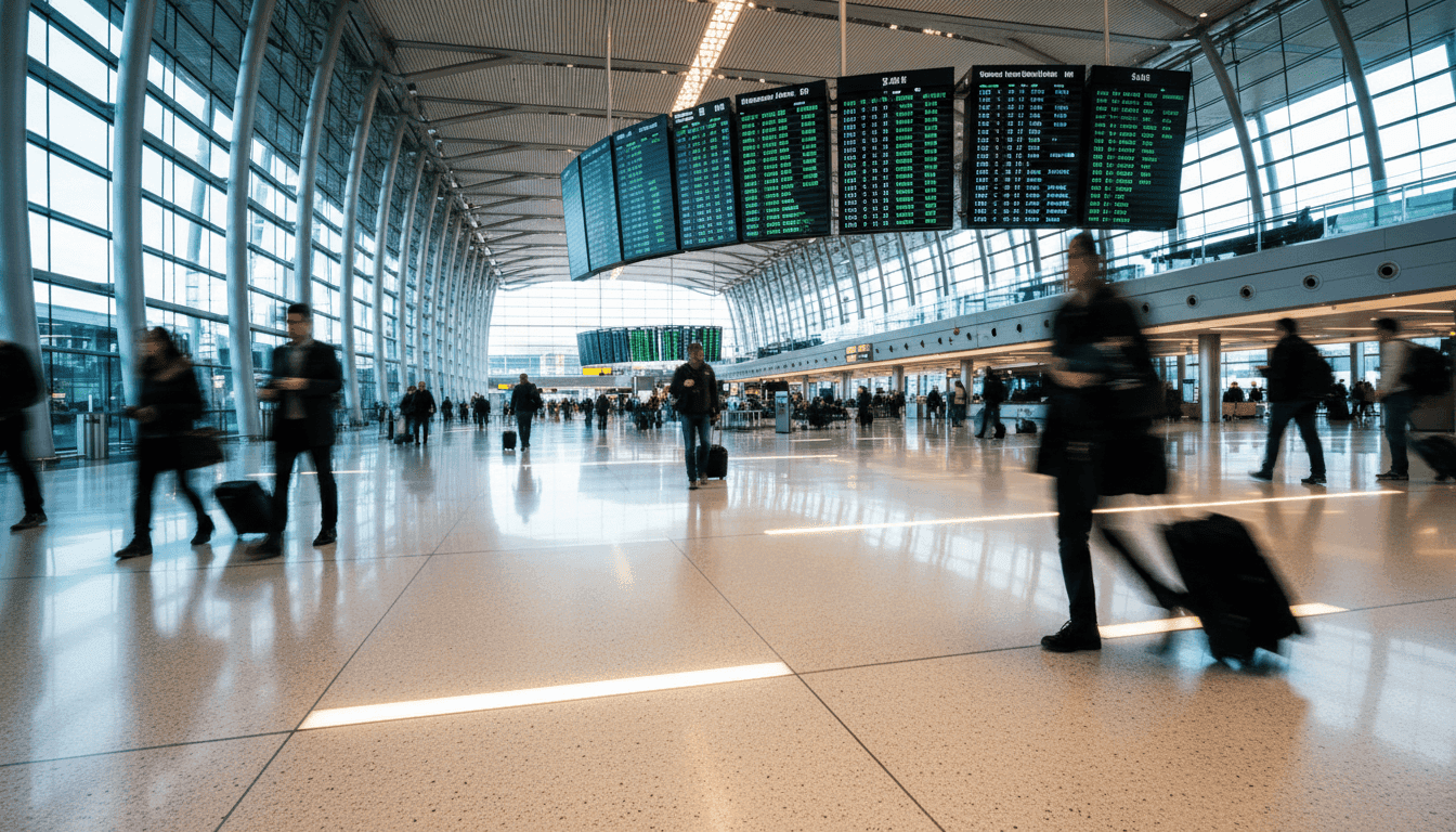 A bustling, modern interior of the new Munich Airport Terminal 1 pier filled with natural light, showcasing advanced architectural design and passenger amenities.