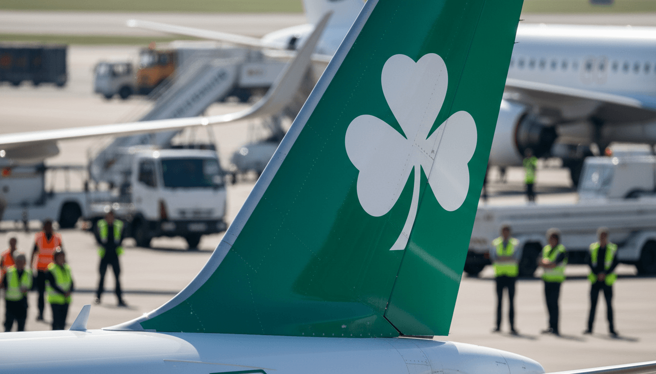 A close-up detail of a stylized Aer Lingus aircraft tail fin with the iconic shamrock logo, partially obscured by the blurred background of a bustling airport terminal, symbolizing the airline's new route expansion.