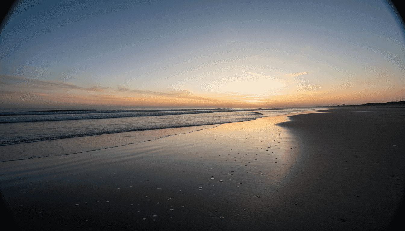 An empty beach at dawn, with a subtle golden glow on the horizon, hinting at the vast opportunities presented by the EasyJet holidays expansion.