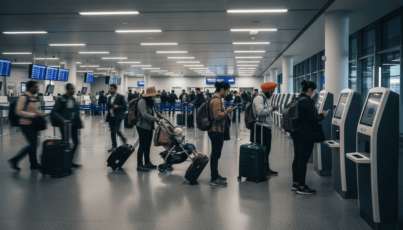 A bustling airport terminal with diverse passengers checking in or moving towards gates, highlighting the accessibility of affordable air travel.