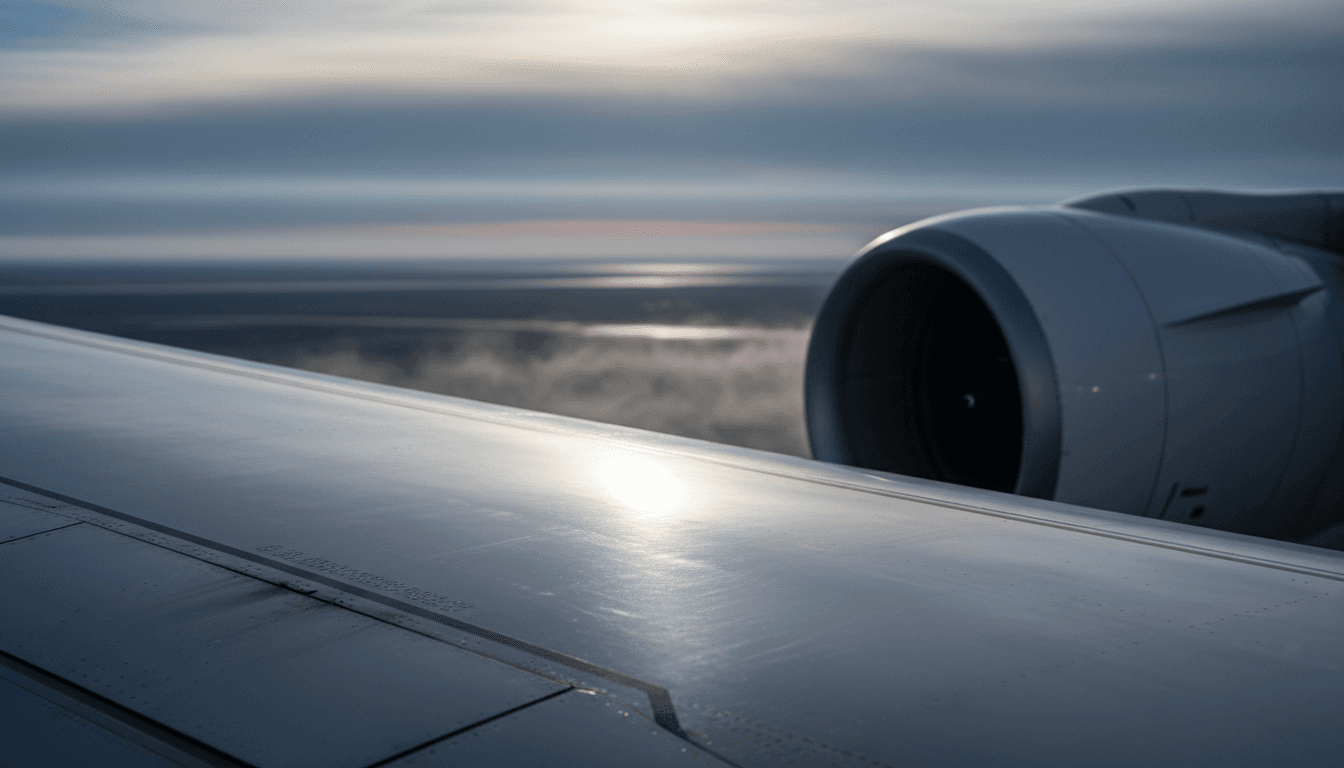 A close-up of an aircraft's wing with a subtle heat haze rising from the engine, symbolizing the increased fuel costs impacting Thailand Korea flight cuts.