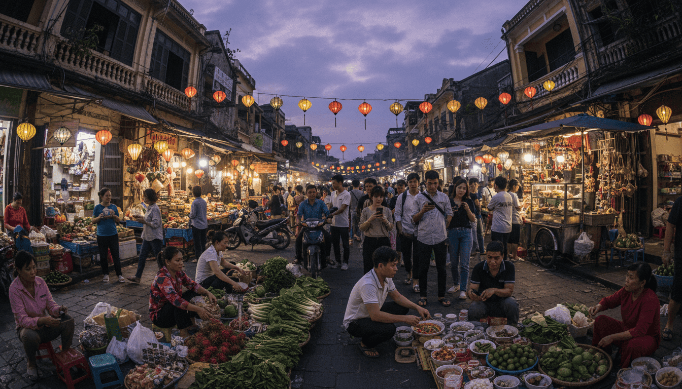 A vibrant street scene in Hanoi, Vietnam, bustling with motorbikes and pedestrians, showcasing the energy of Vietnam tourism growth.