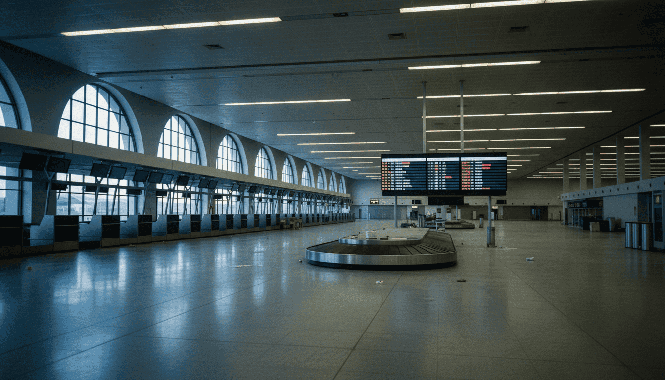 A dimly lit, empty airport transit area in the early morning, showing deserted check-in counters and a quiet departure board, conveying the impact of the Saudi transit visa halt.