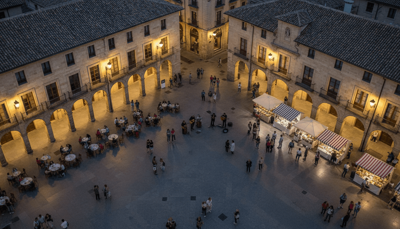 A vibrant Spanish plaza at dusk, bustling with people enjoying various forms of experiential nightlife trends, from outdoor dining to street performances.