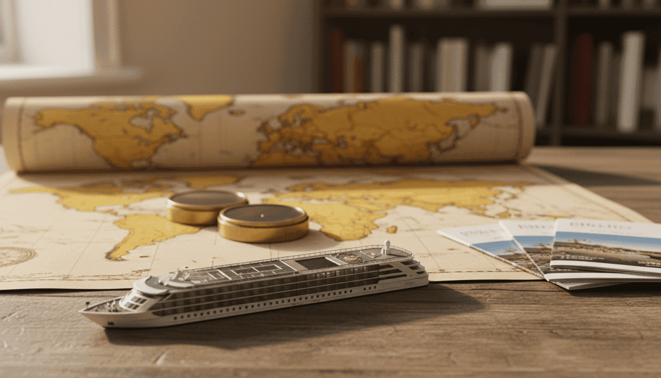A detailed still life composition featuring a miniature model of a modern river cruise ship, a world map highlighting Europe, Africa, and Asia, a compass, and a small stack of travel brochures advertising new AmaWaterways fleet expansion destinations.