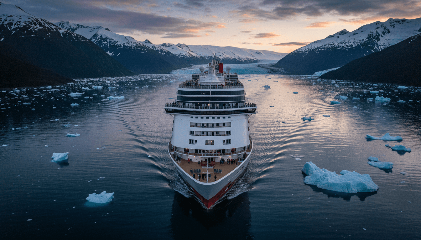 Aerial view showing the Brilliant Lady cruise ship navigating through a vast, ice-dotted Endicott Arm Glacier fjord in Alaska, illustrating the Alaska cruise shake-up.
