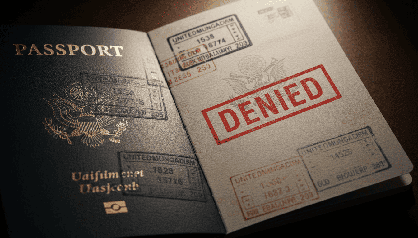 A close-up of a US passport being stamped with a large, red 'DENIED' stamp, symbolizing the US visa restrictions shake up travel plans.