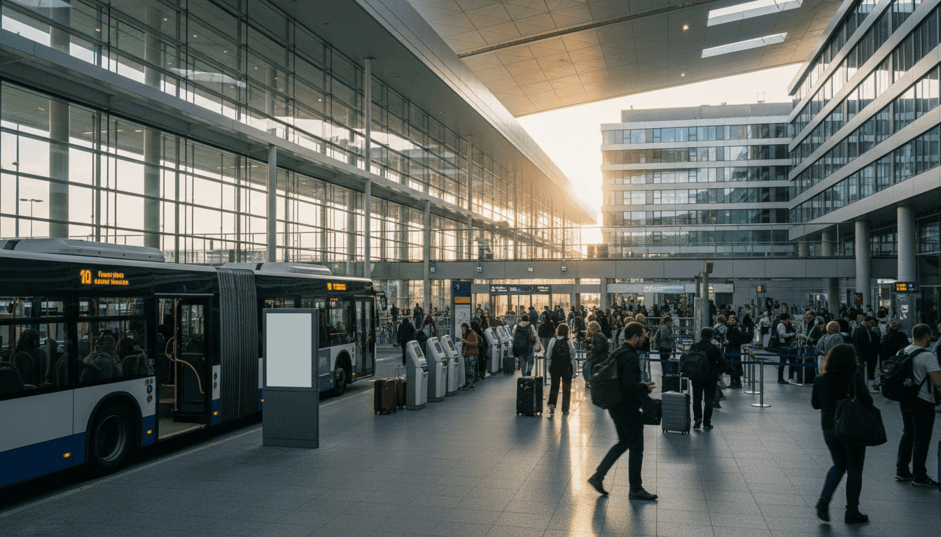 A vibrant collage of travel elements, including a plane taking off, a cozy hotel room, and a public transport map, illustrating budget travel savings strategies.