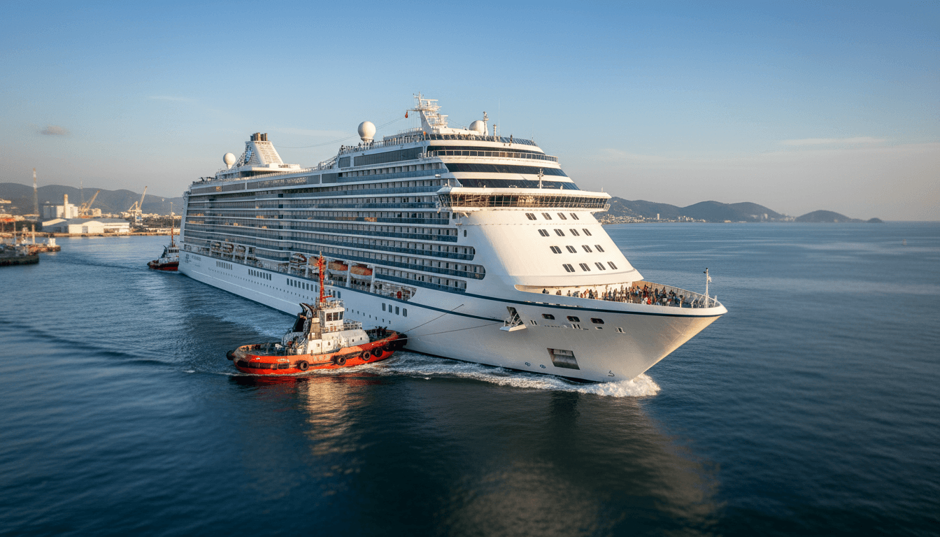 A modern cruise ship departing from the Visakhapatnam port, embarking on a new international cruise route to Southeast Asia, with passengers waving.