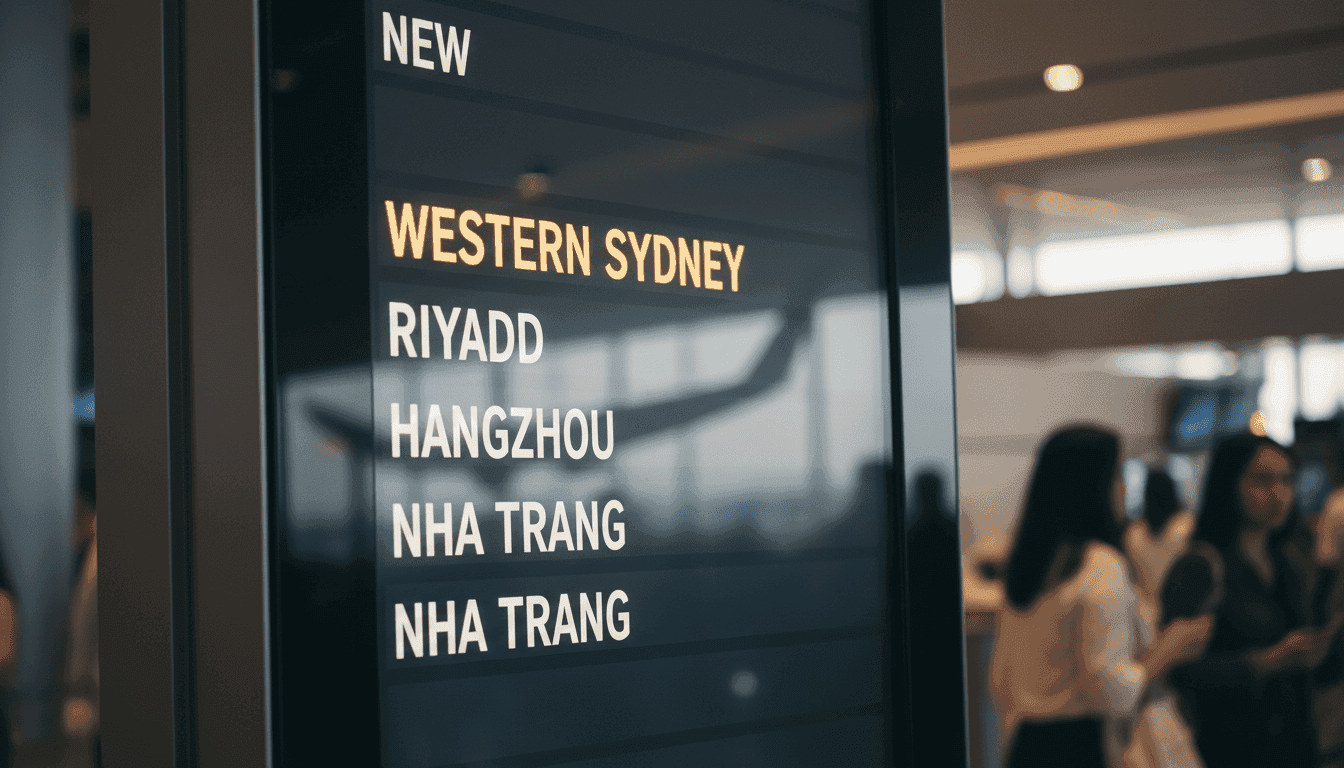 A close-up detail of a modern airport terminal's departure board displaying 'Western Sydney' as a new destination, alongside 'Riyadh', 'Hangzhou', and 'Nha Trang', indicating Singapore Airlines expands global reach.
