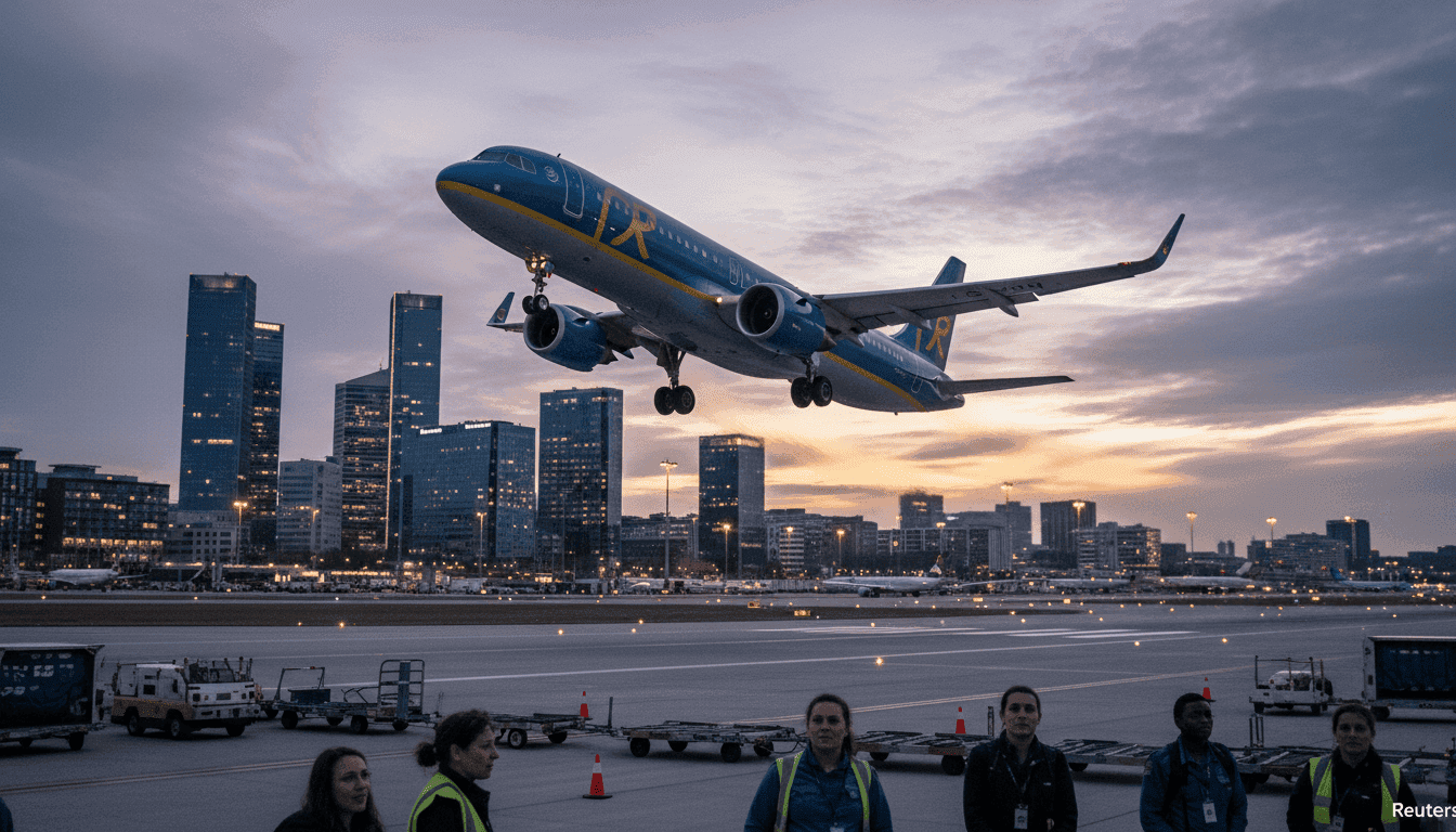 An airplane, emblazoned with Swedish airline livery, takes off from a runway at dusk, symbolizing Sweden unveils new flight routes for 2026.