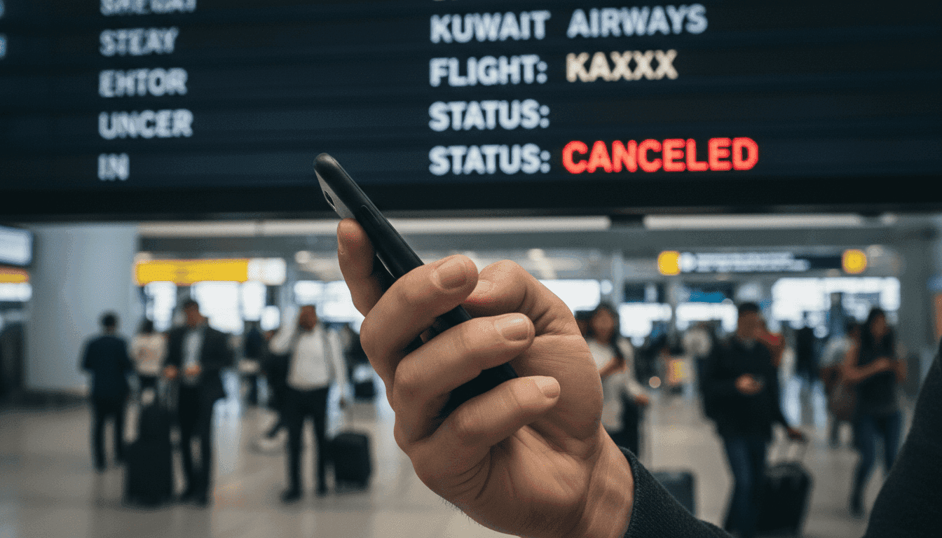 A frustrated passenger looking at a departure board displaying a 'Kuwait Airways flight cancellation' notice at an airport terminal.