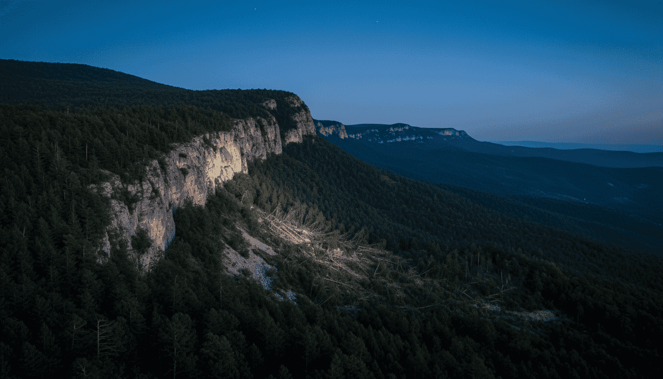 Debris scattered across a rugged, forested cliffside in Crimea after a Russian military plane crash, with rescue teams visible.