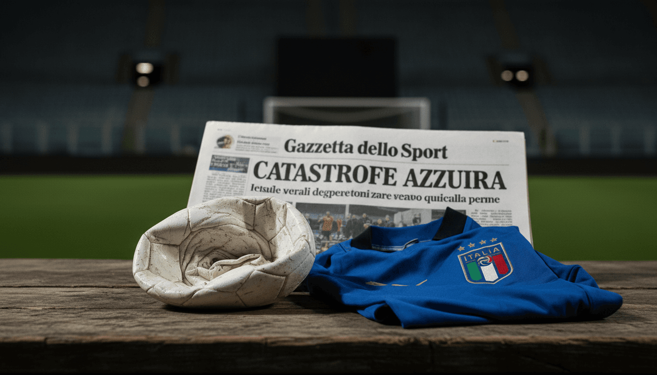 A still life composition featuring a deflated football, a crumpled Italian national team jersey, and a copy of Gazzetta dello Sport with a headline about the Italy World Cup qualification failure.
