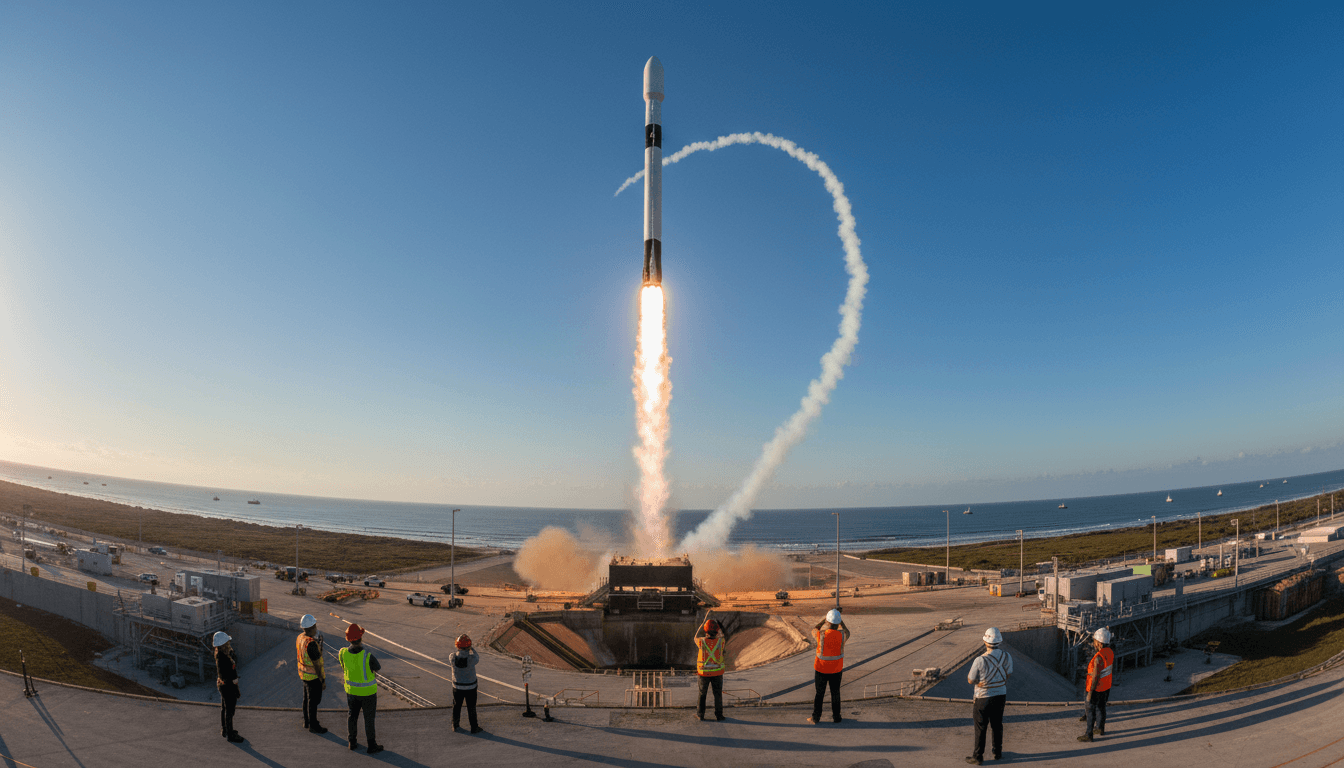 A Falcon 9 rocket launching into orbit at dawn, with the SpaceX logo visible on the booster, symbolizing the immense SpaceX IPO valuation.