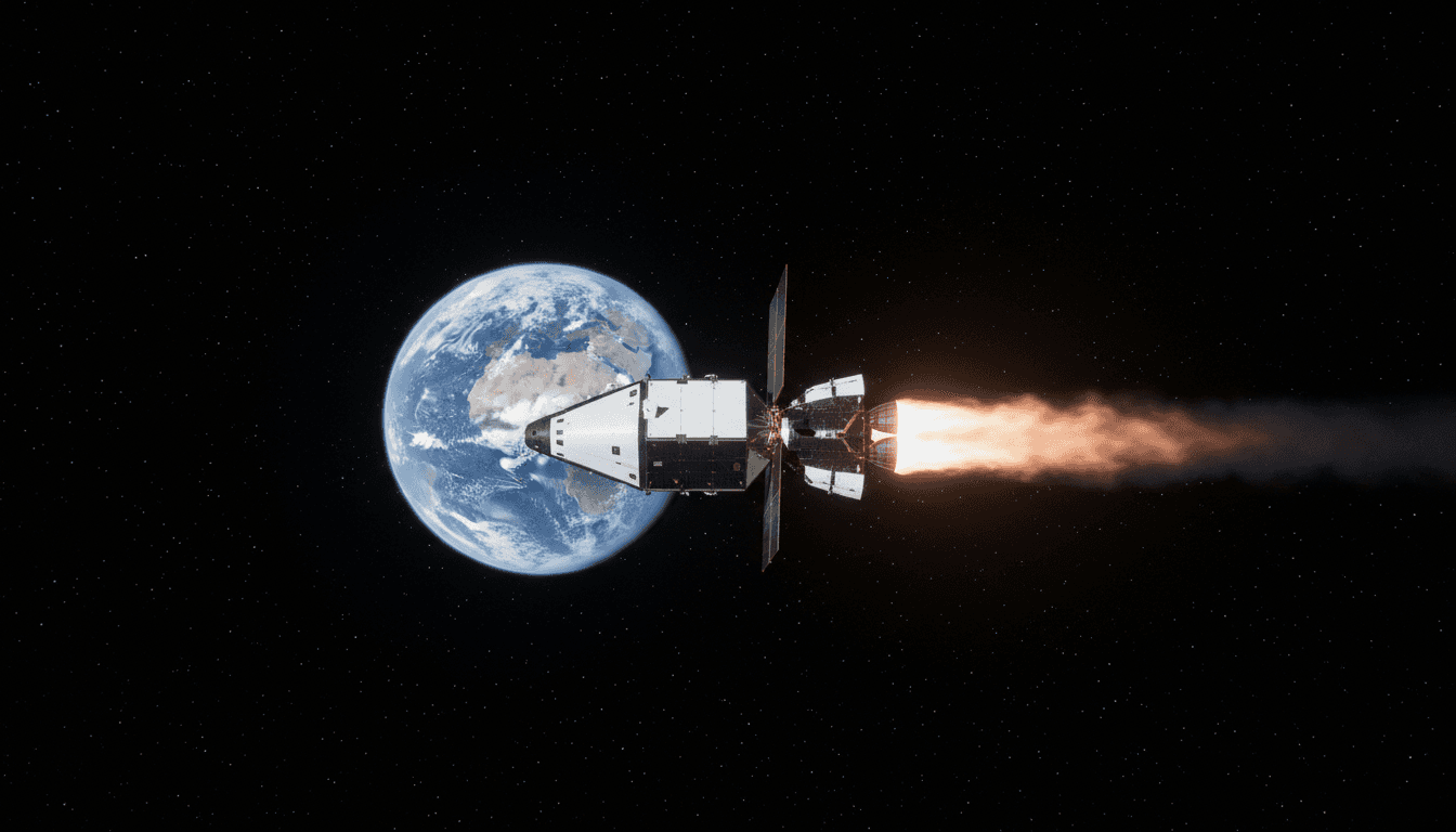 The Orion spacecraft, carrying the Artemis II lunar mission crew, performing a translunar injection burn with Earth visible in the background.