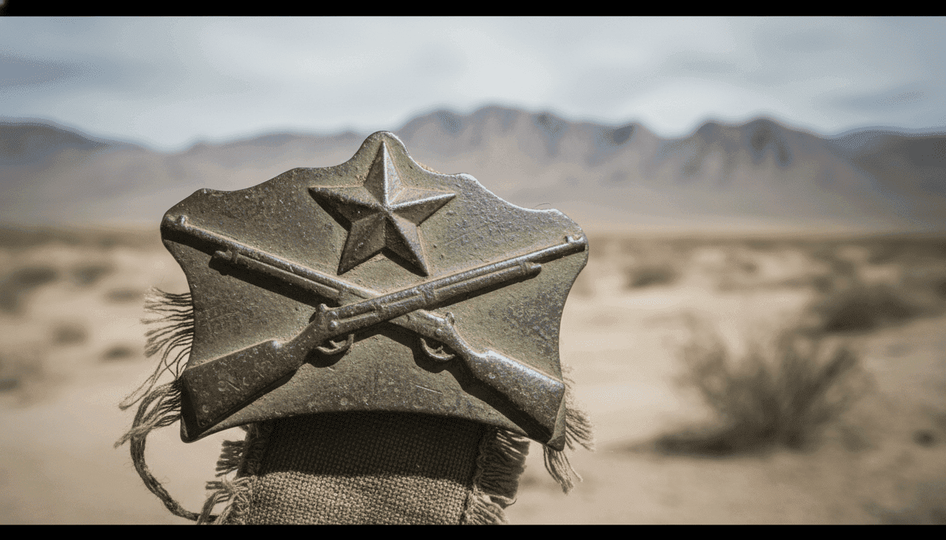 Close-up detail of a weathered, metal military insignia badge from Burkina Faso, featuring a star and crossed rifles, symbolizing the nation where Burkina Faso rejects democracy.